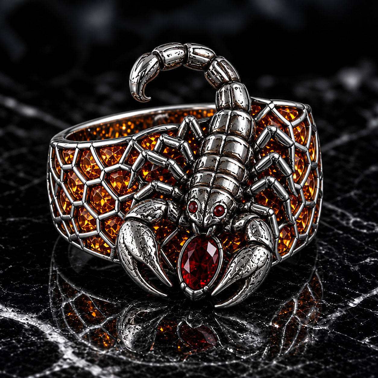 Gothic Spiderweb Ring – Sculptural 925 Sterling Silver with Amber Stones, Crimson Gem & Hollow Lattice