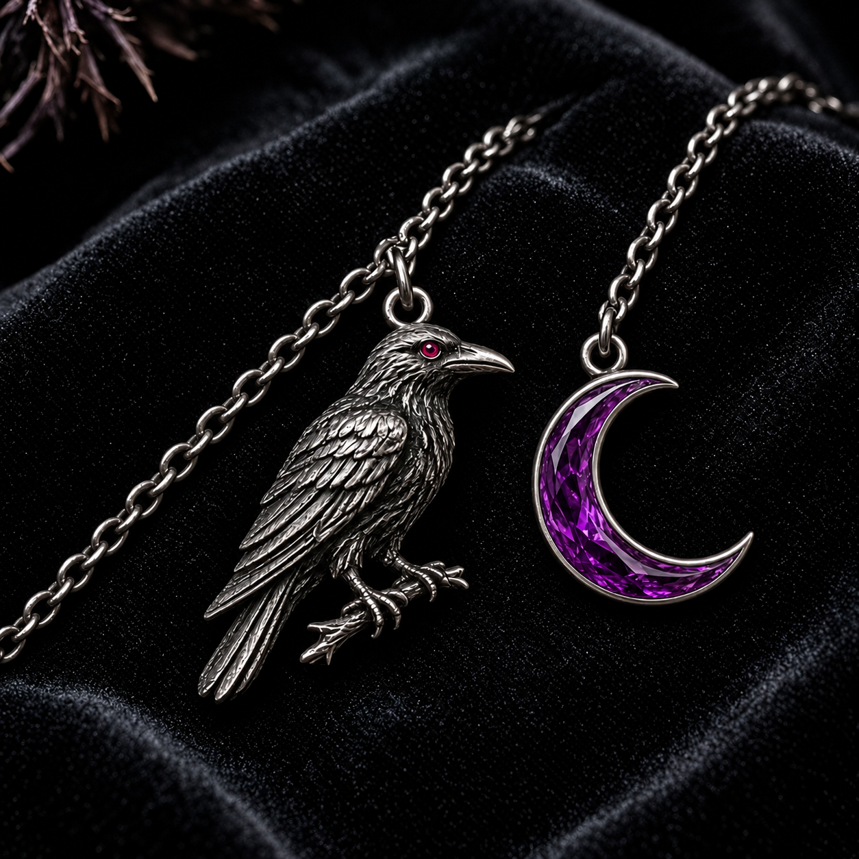 Gothic Raven and Crescent Moon Pendant – Sculptural 925 Sterling Silver with Purple Gemstone Moon, Feathers & Fine Carvings