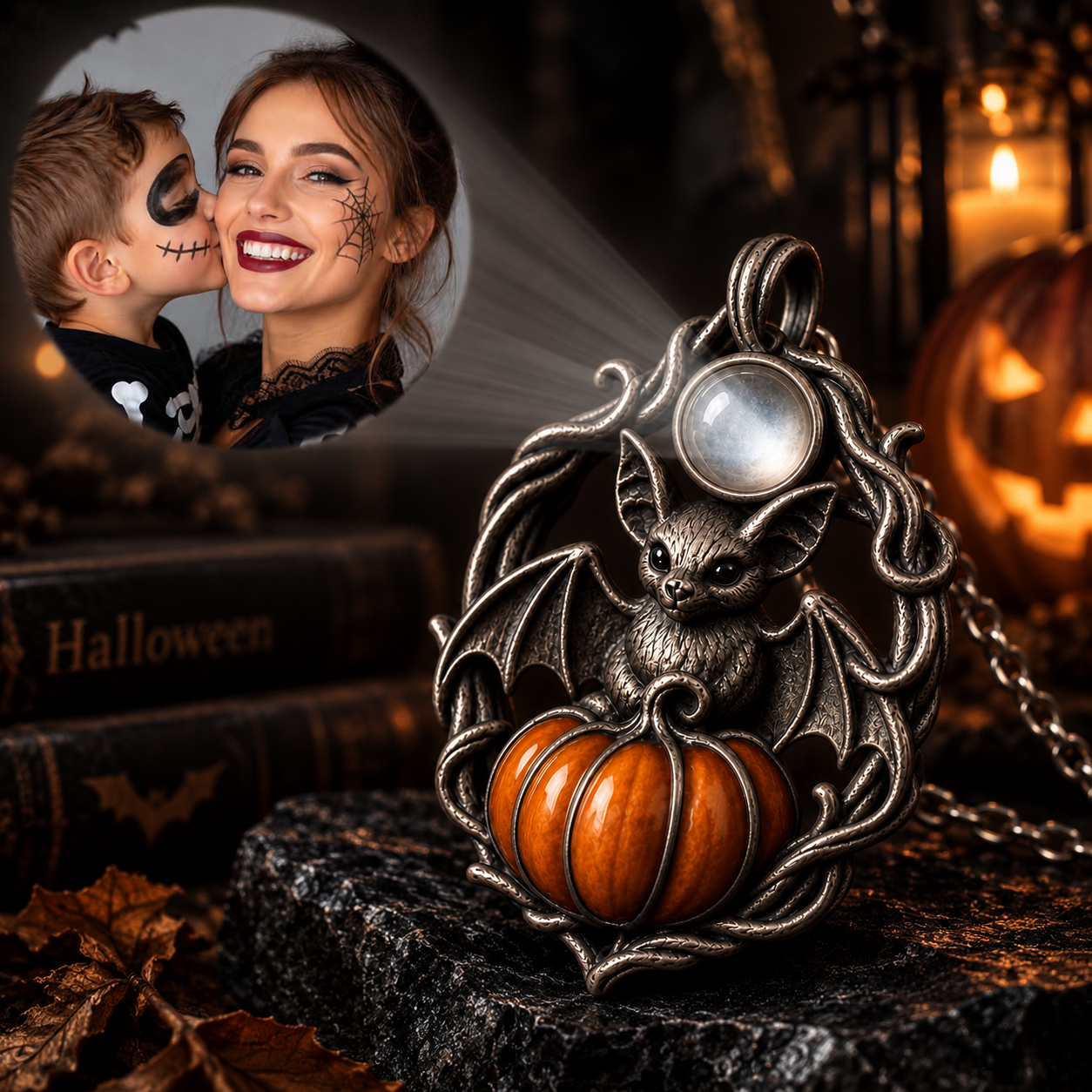 Personalized Photo Projection Bat Pendant – Custom Picture 925 Sterling Silver with Orange Pumpkin, Gothic Vine & Photo Stone