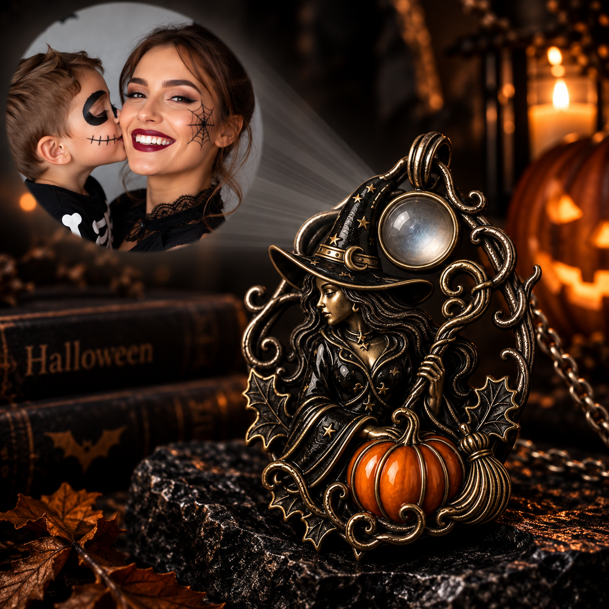 Personalized Photo Projection Bat Pendant – Custom Picture 925 Sterling Silver with Orange Pumpkin, Gothic Vine & Photo Stone