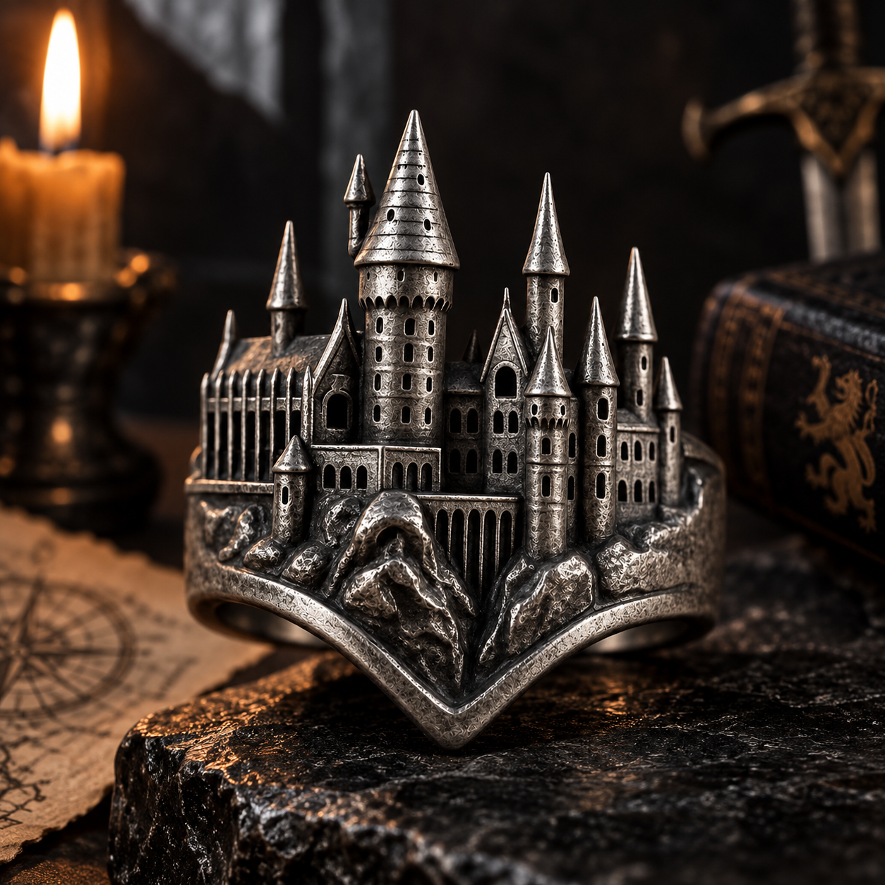 Gothic Castle Statement Ring – Sculptural 925 Sterling Silver with Spooky Fortress, Pumpkins & Antique Finish