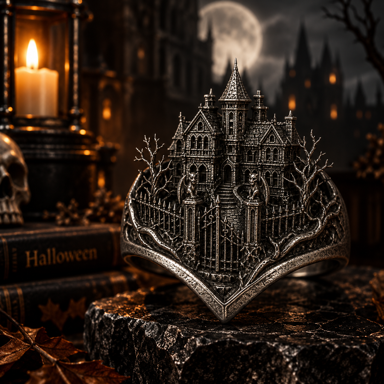 Gothic Castle Statement Ring – Sculptural 925 Sterling Silver with Spooky Fortress, Pumpkins & Antique Finish