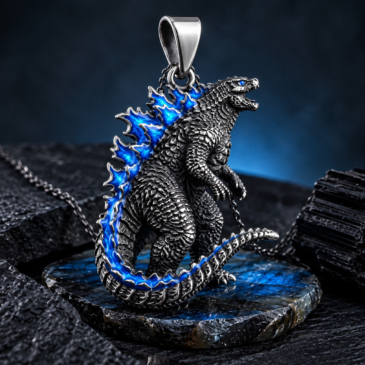Kaiju Monster Pendant – Sculptural 925 Sterling Silver with Blue Spine & Cold-Glow Enamel - namenecklace