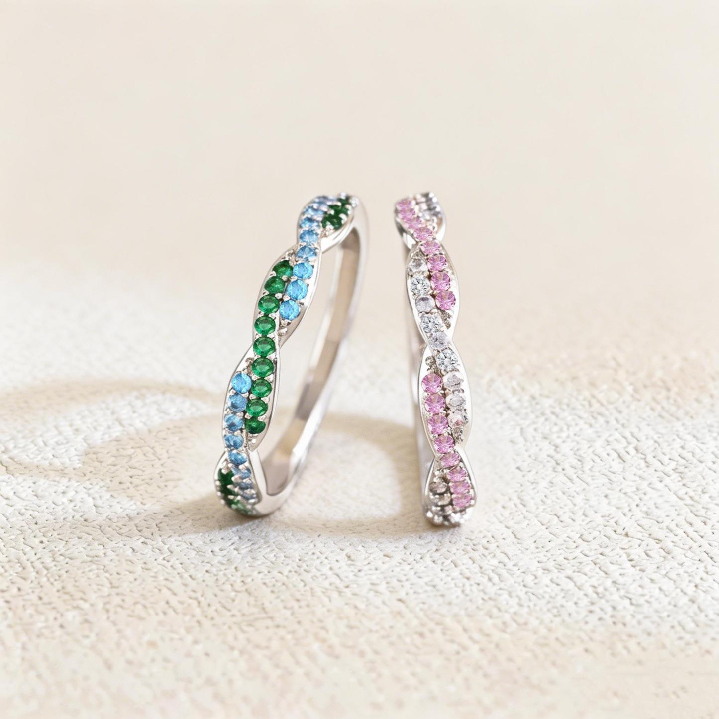 Personalized Two Birthstone Twisted Wave Ring Custom Wavy Promise Ring Interlocking Wave Gemstone Statement Ring
