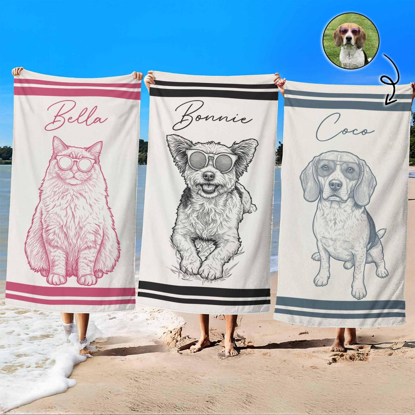 Custom Dog Portrait Towel Personalized Cat Name Microfiber Pool Mat Beach Party Gift for Pet Owners