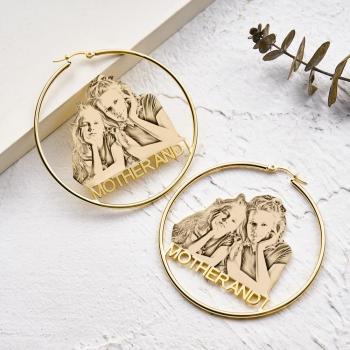 Custom Photo Engraved Hoop Earrings Exaggerate Gifts for Couple - NameNecklace