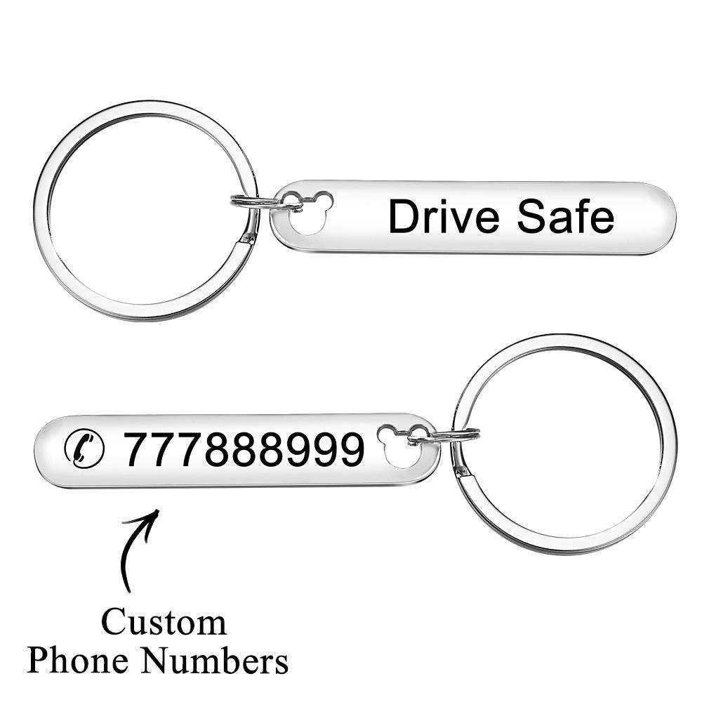 Custom Engraved Keychain Phone Number Drive Safe Metal Gifts - NameNecklace