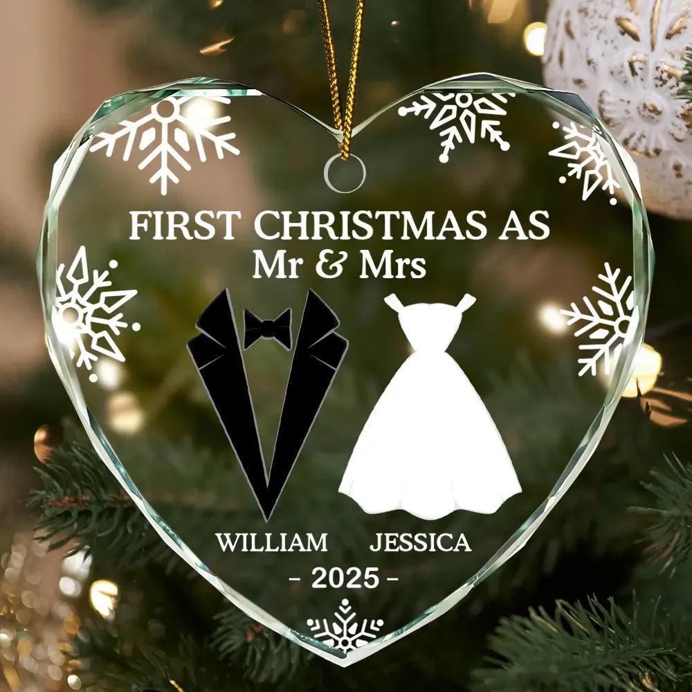 Personalized First Christmas Married Ornament First Christmas as Mr. & Mrs. Heart Shaped Glass Ornament Custom "Our First Christmas" Heart Ornament for Newlyweds