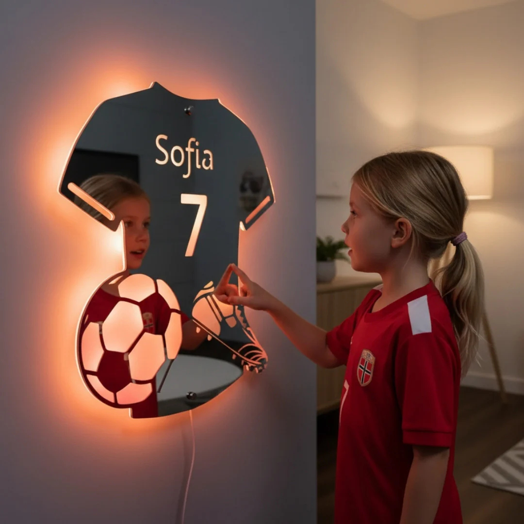 Personalized Soccer Player LED Lighted Mirror Custom Name Soccer Mirror Light Wall Art Football Player Mirror Light Kids Bedroom Decor Gift