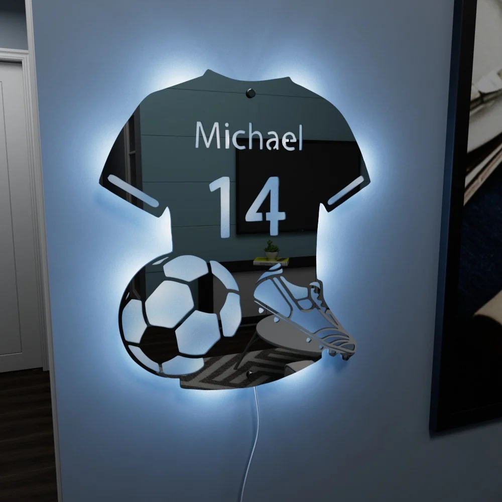 Personalized Soccer Player LED Lighted Mirror Custom Name Soccer Mirror Light Wall Art Football Player Mirror Light Kids Bedroom Decor Gift
