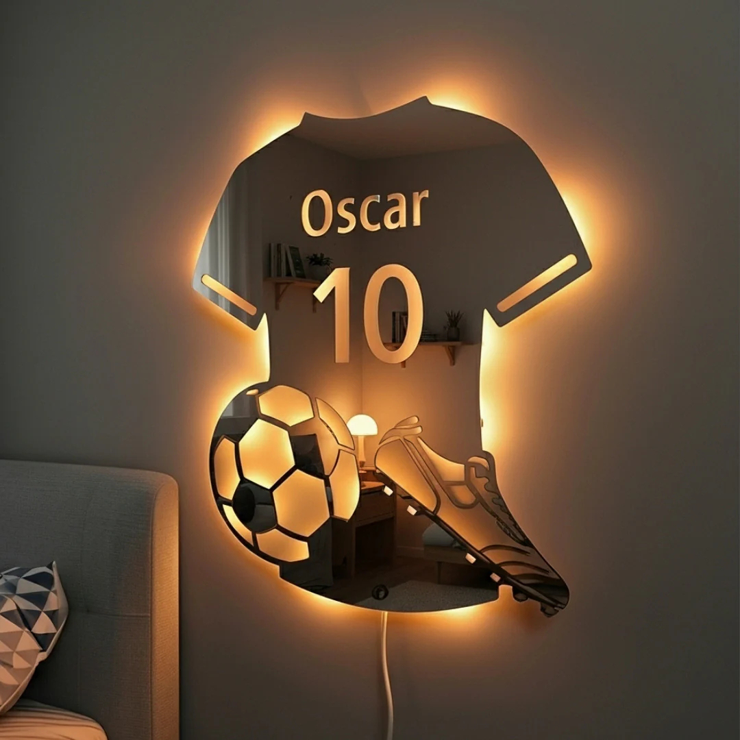 Personalized Soccer Player LED Lighted Mirror Custom Name Soccer Mirror Light Wall Art Football Player Mirror Light Kids Bedroom Decor Gift