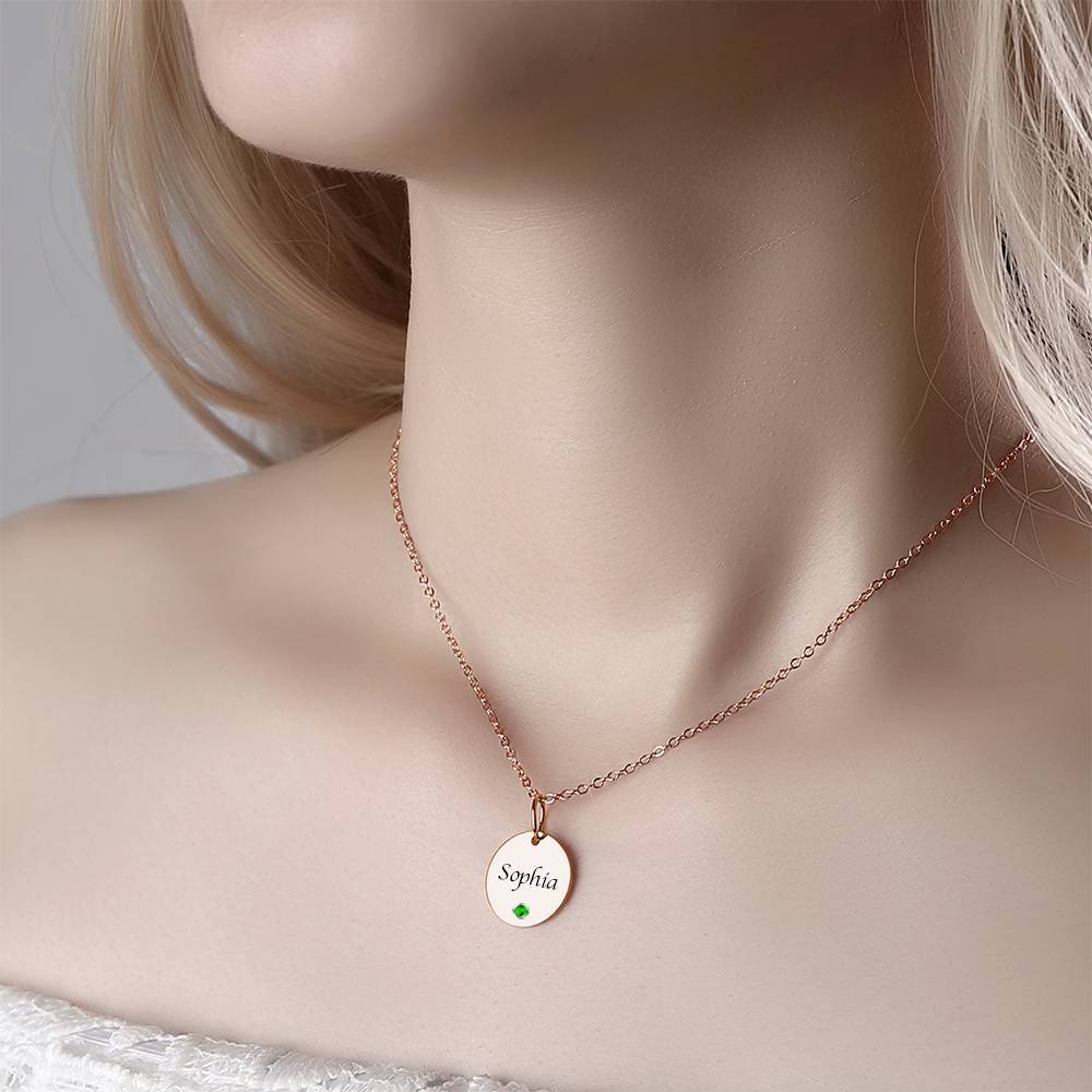 Coin Tag Personalized Birthstone Necklace With Engraving Rose Gold Plated Silver