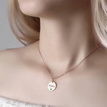 Coin Tag Personalized Birthstone Necklace With Engraving Rose Gold Plated Silver