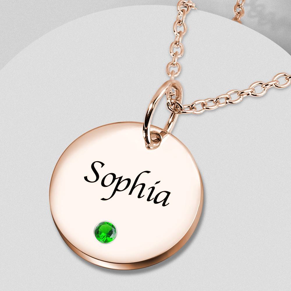 Coin Tag Personalized Birthstone Necklace With Engraving Rose Gold Plated Silver