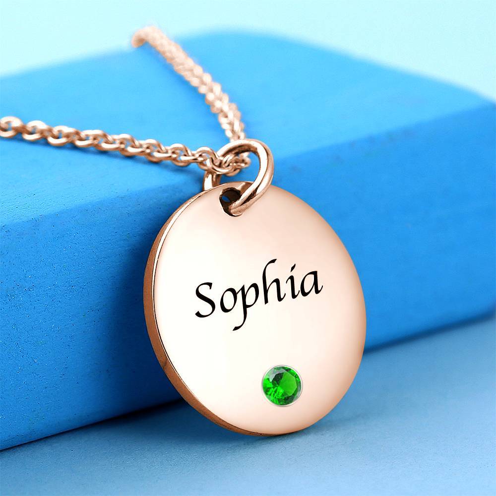 Coin Tag Personalized Birthstone Necklace With Engraving Rose Gold Plated Silver