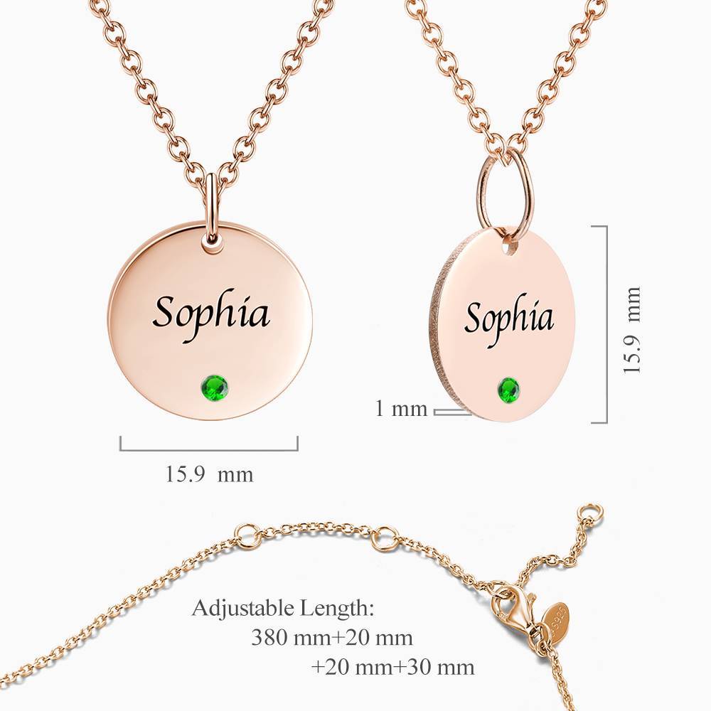 Coin Tag Personalized Birthstone Necklace With Engraving Rose Gold Plated Silver