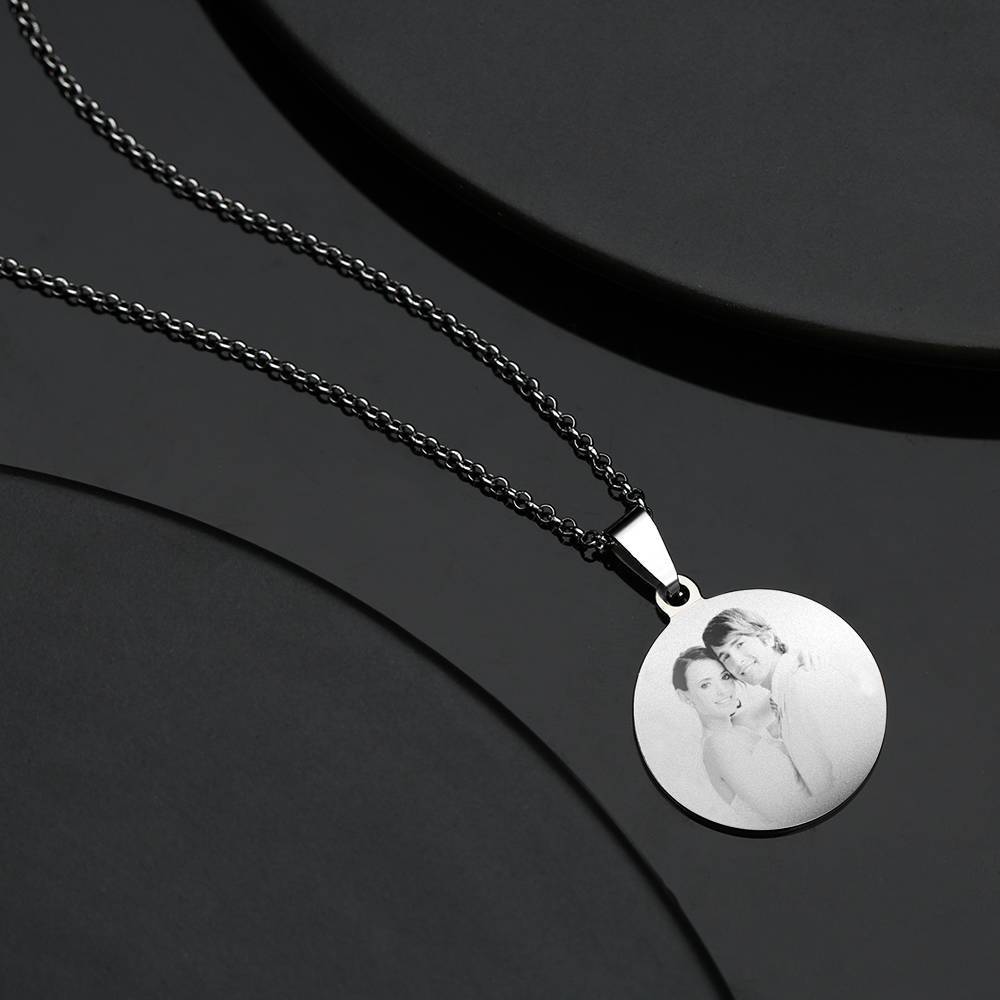 Women's Round Photo Engraved Necklace Stainless Steel