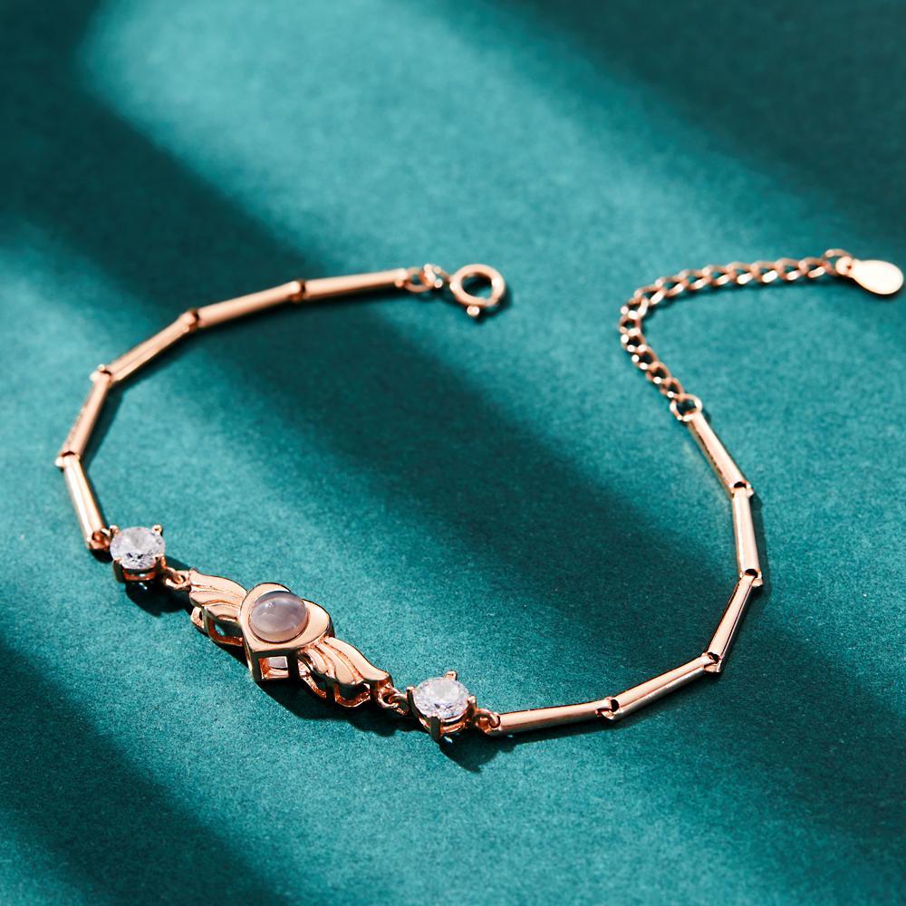 Personalized Photo Projection Bracelet Elegant Wings with Stone Jewelry for Her - NameNecklace