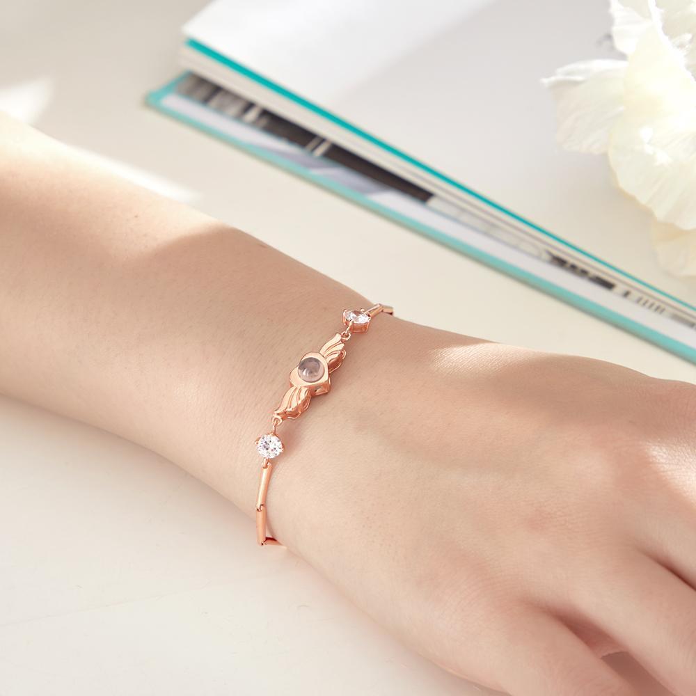 Personalized Photo Projection Bracelet Elegant Wings with Stone Jewelry for Her - NameNecklace