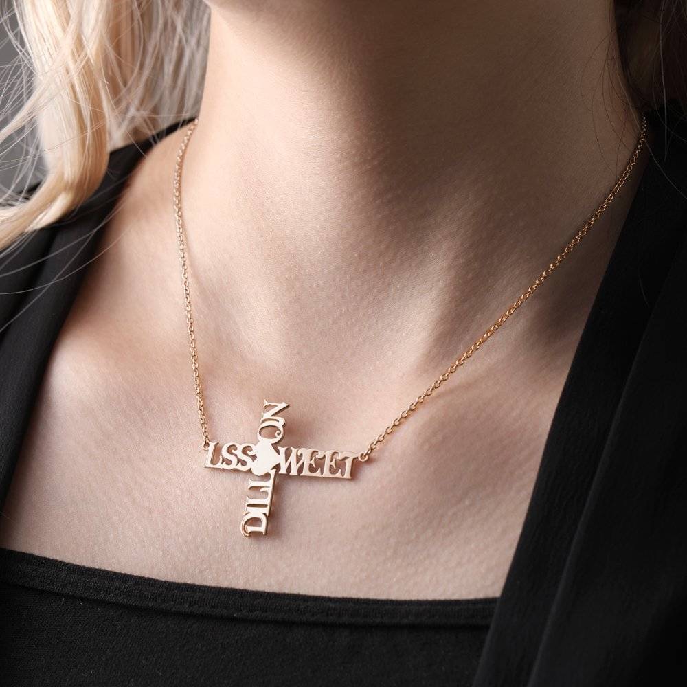Cross Two Name Necklace Rose Gold Plated Silver