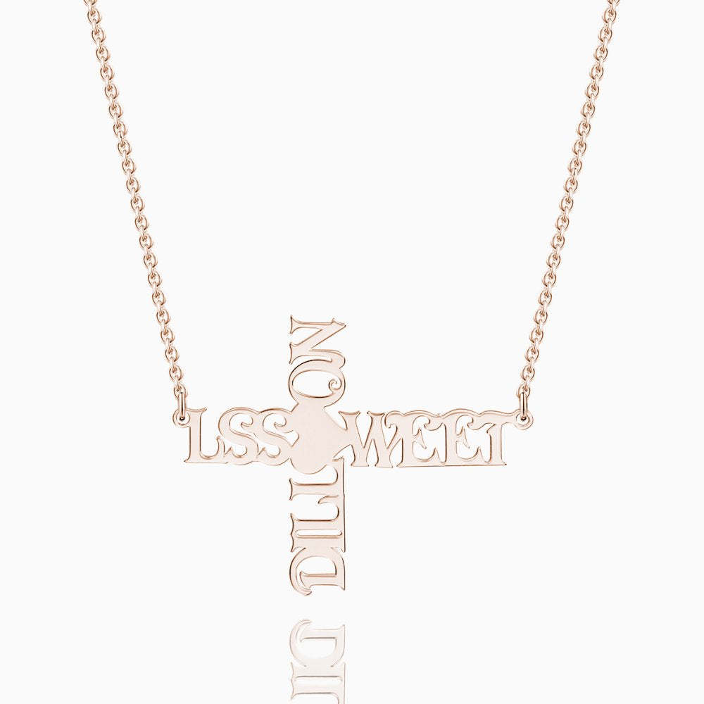 Cross Two Name Necklace Rose Gold Plated Silver