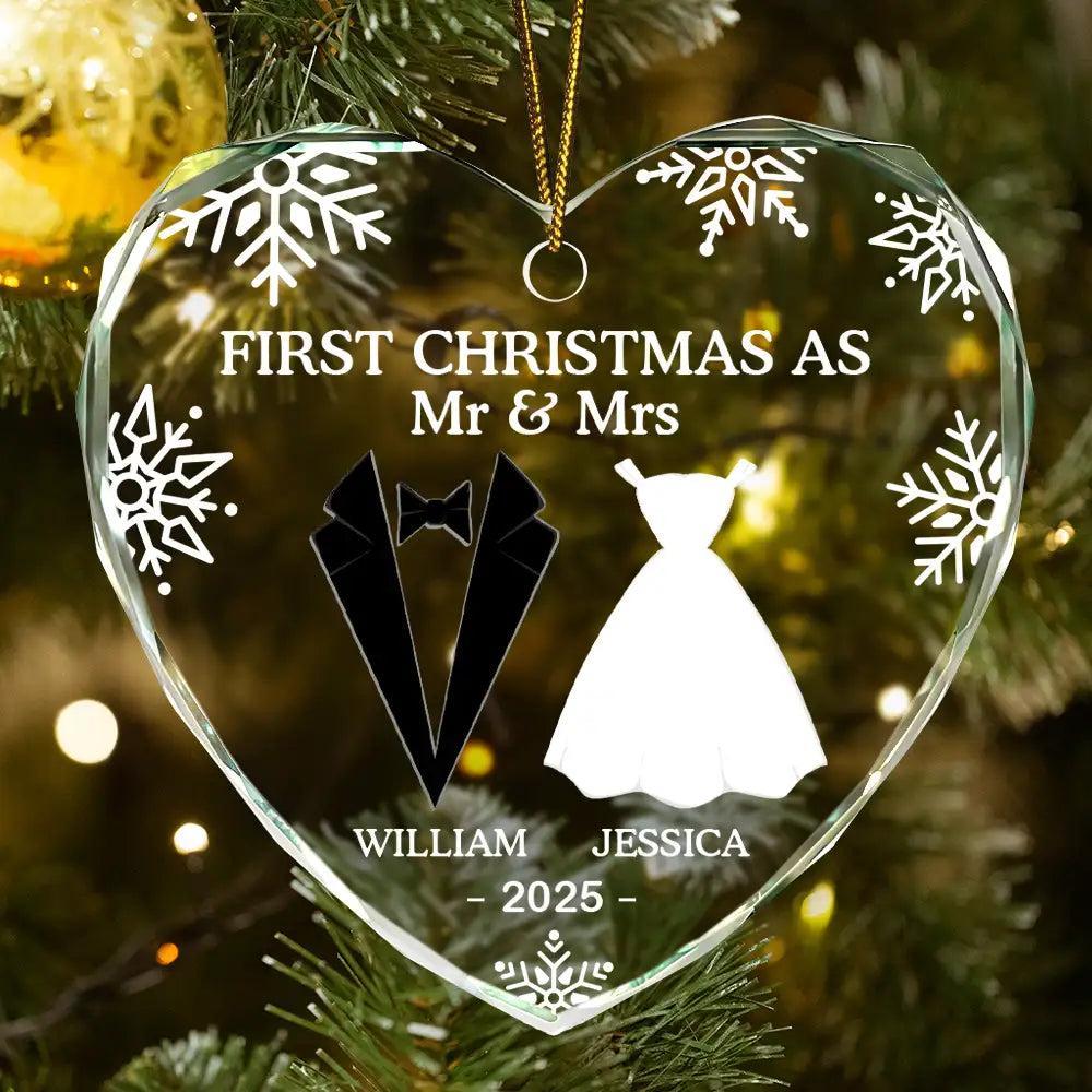 Personalized First Christmas Married Ornament First Christmas as Mr. & Mrs. Heart Shaped Glass Ornament Custom "Our First Christmas" Heart Ornament for Newlyweds