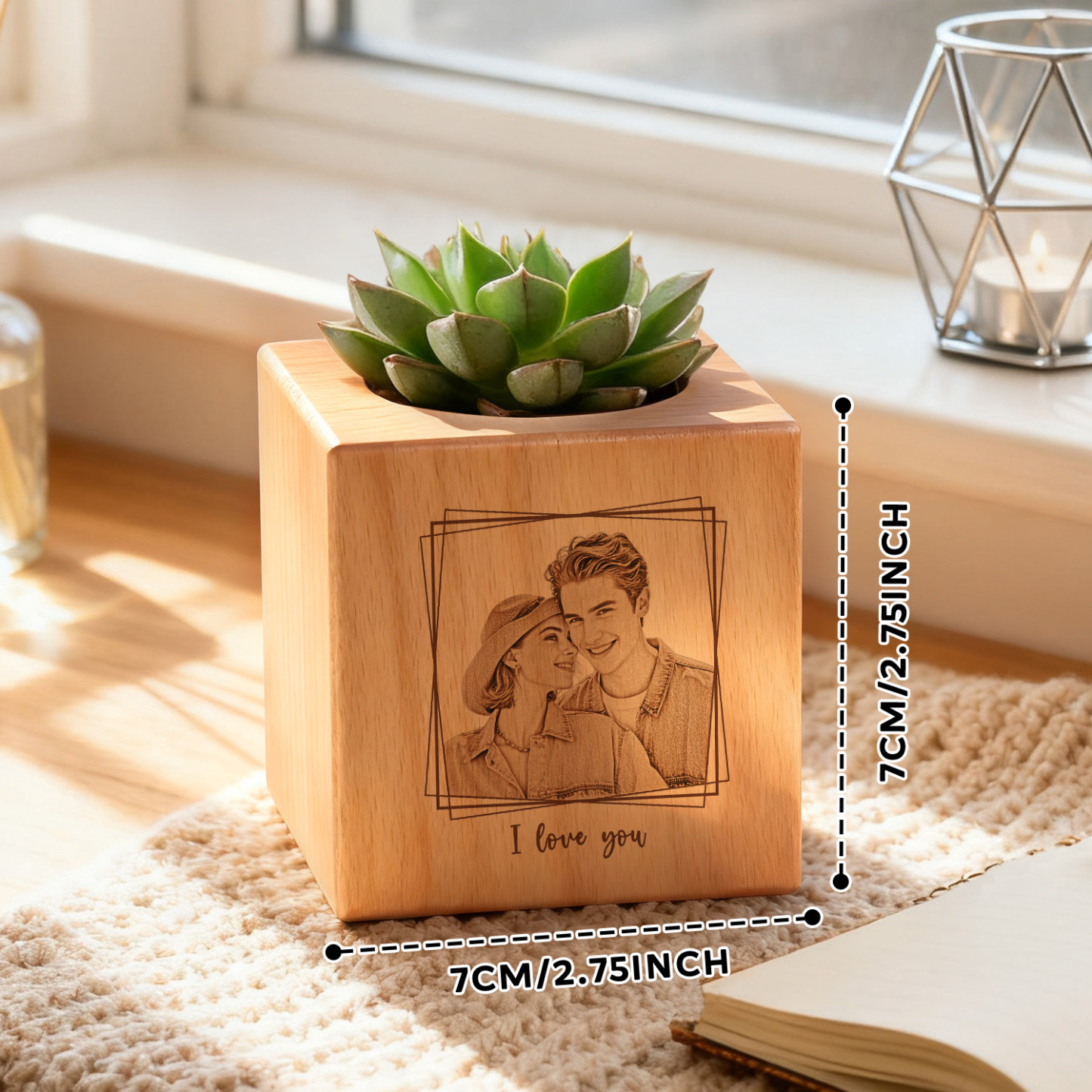 Custom Pet Portrait Planter (No Plant Included), Dog Cat Mom Portrait, Wood +Pot, Pet Loss Gift, Pet Memorial Gift, Engraved Photo as Office Desk Decor.