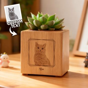 Custom Pet Portrait Planter (No Plant Included), Dog Cat Mom Portrait, Wood +Pot, Pet Loss Gift, Pet Memorial Gift, Engraved Photo as Office Desk Decor.