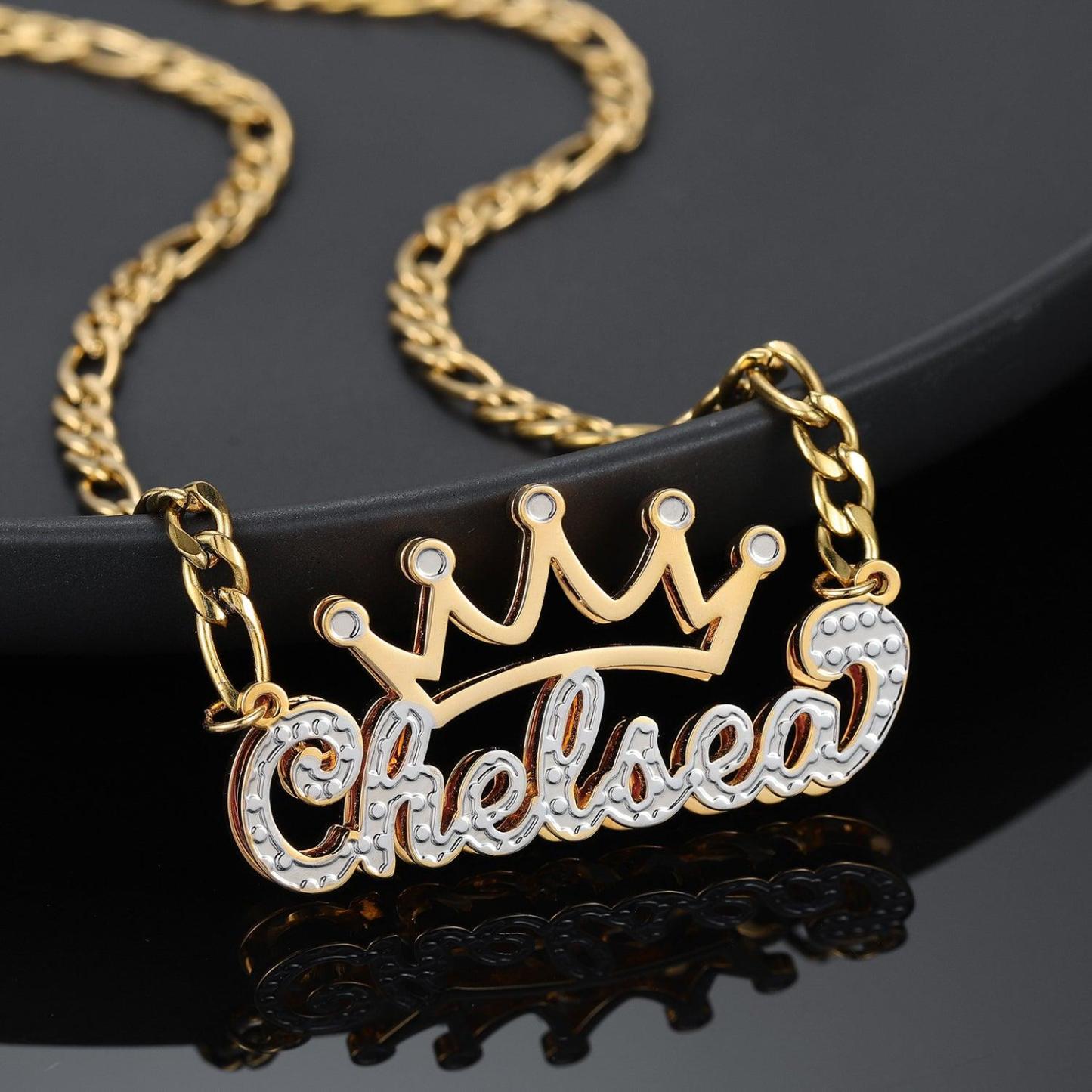 Custom Crown Name Necklace Personalized Crown Nameplate Double Plated Crown Name Necklace