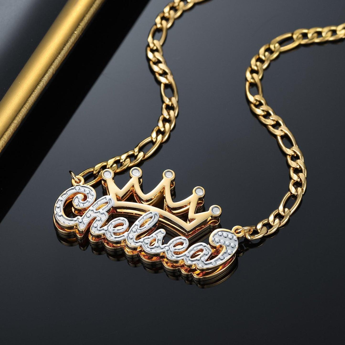 Custom Crown Name Necklace Personalized Crown Nameplate Double Plated Crown Name Necklace