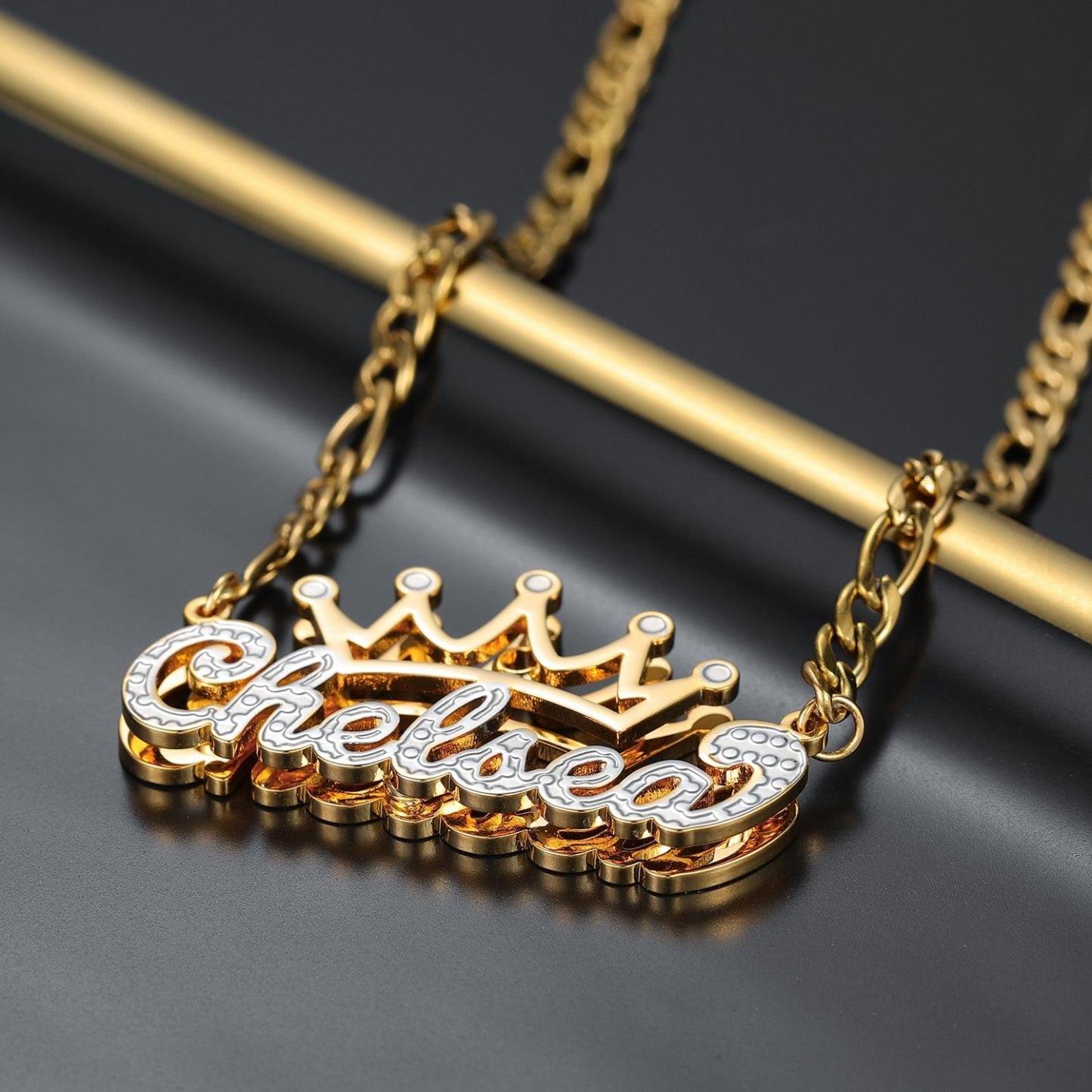 Custom Crown Name Necklace Personalized Crown Nameplate Double Plated Crown Name Necklace