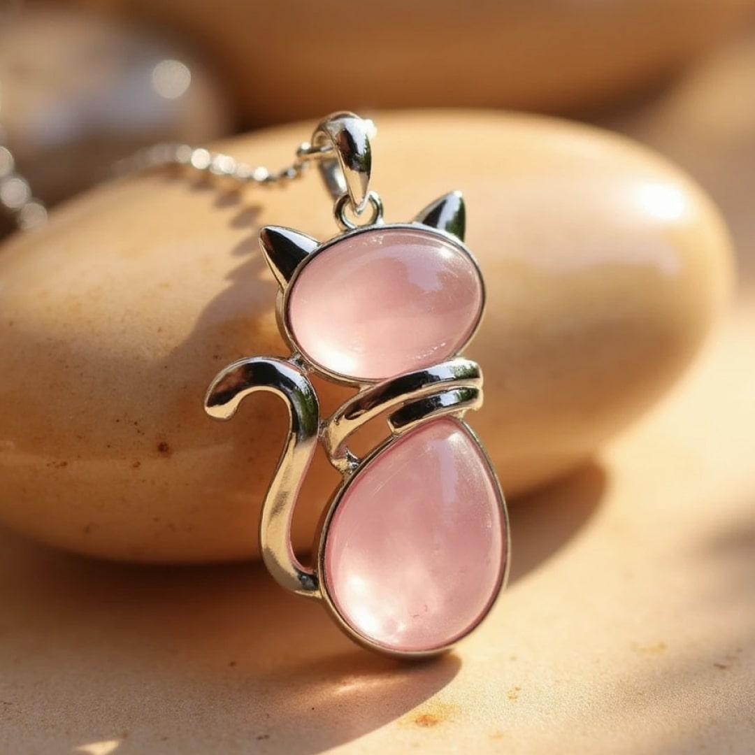 Crystal Cat Necklace Natural Stone Cat Pendant Necklace Healing Gemstone Cat Necklace for Cat Lovers
