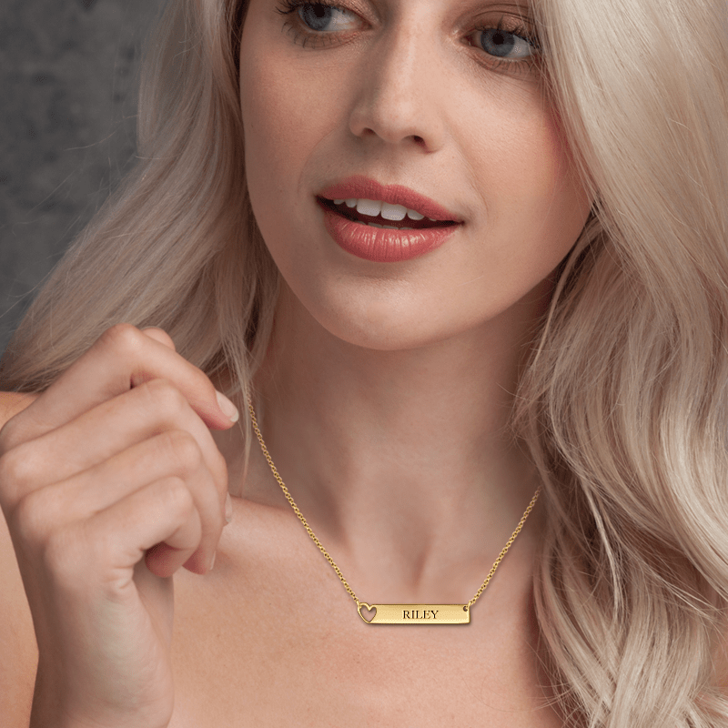 Engravable Heart Bar Necklace 14K Gold Plated