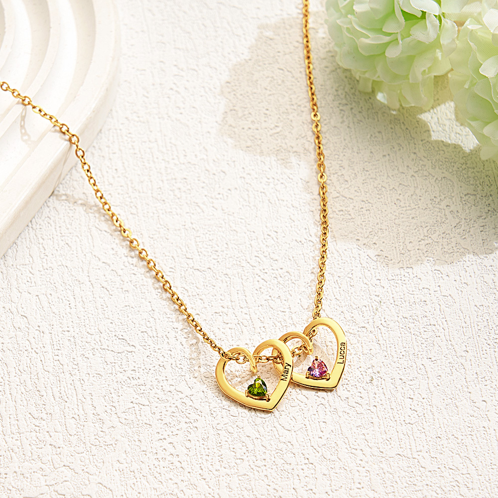 Personalized Heart Name Birthstone Necklace For Mom Grandma