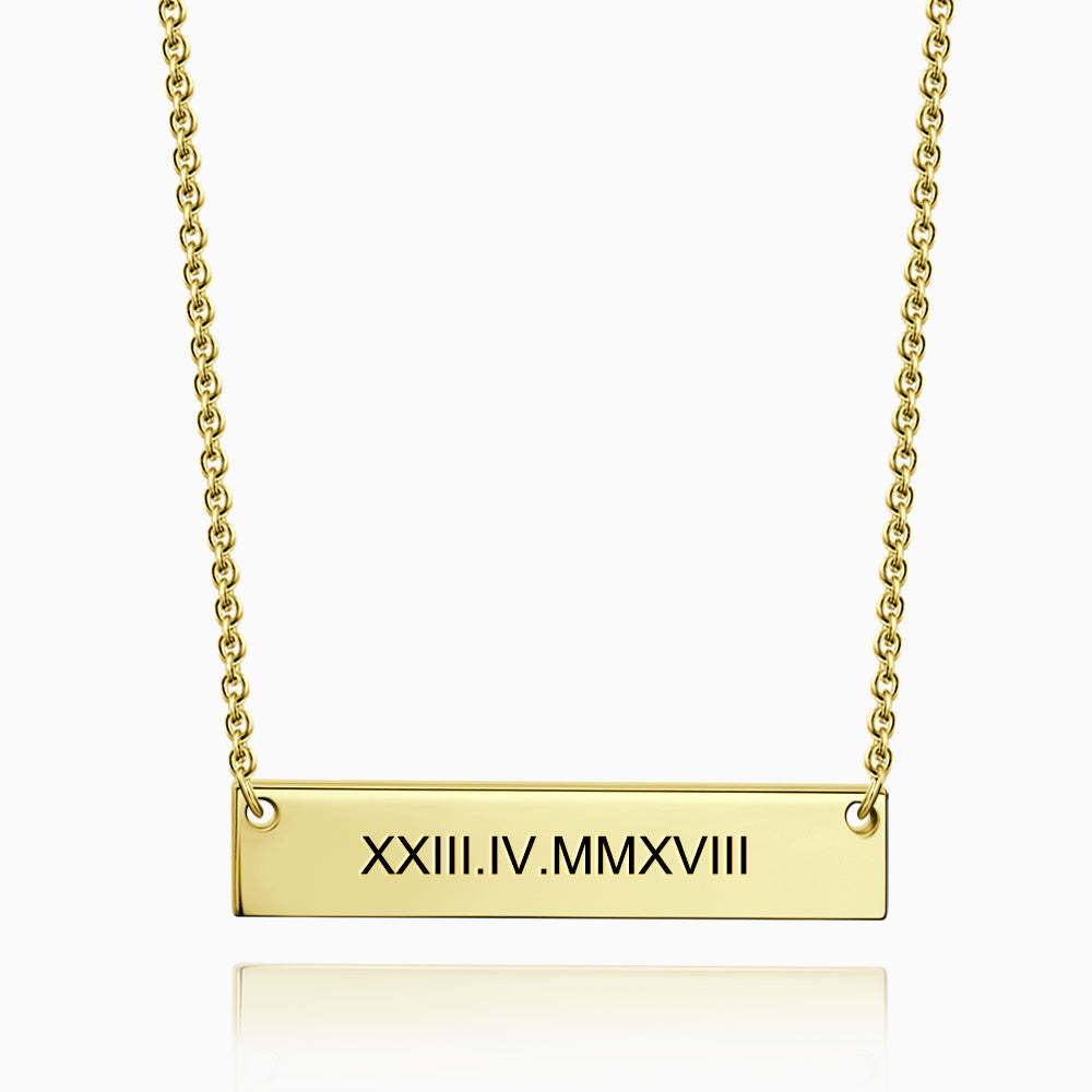 Engraved Roman Numeral Bar Necklace 14k Gold Plated Silver