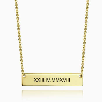 Engraved Roman Numeral Bar Necklace 14k Gold Plated Silver