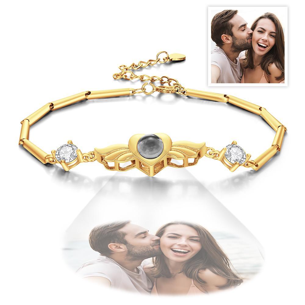 Personalized Photo Projection Bracelet Elegant Wings with Stone Jewelry for Her - NameNecklace