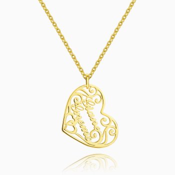 Filigree Heart Two Name Necklace 14k Gold Plated Silver