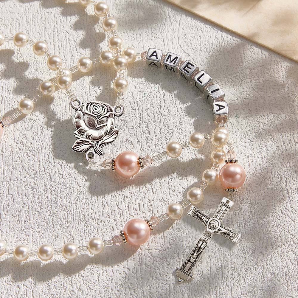 Personalized Rosary Beads in White and Pink - Baptism Gift, First Communion Gift, Confirmation, Baby or Little Girl Keepsake, Mother Rosary