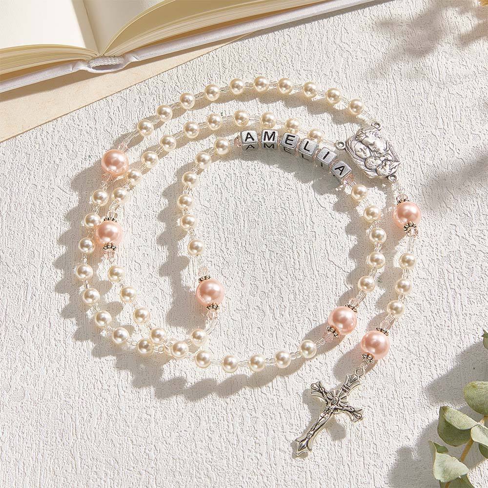 Personalized Rosary Beads in White and Pink - Baptism Gift, First Communion Gift, Confirmation, Baby or Little Girl Keepsake, Mother Rosary