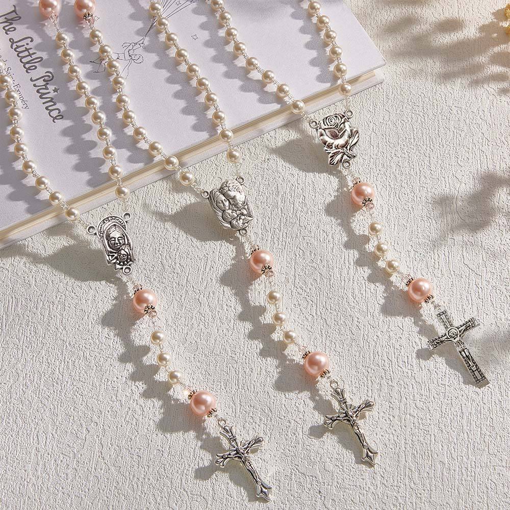 Personalized Rosary Beads in White and Pink - Baptism Gift, First Communion Gift, Confirmation, Baby or Little Girl Keepsake, Mother Rosary