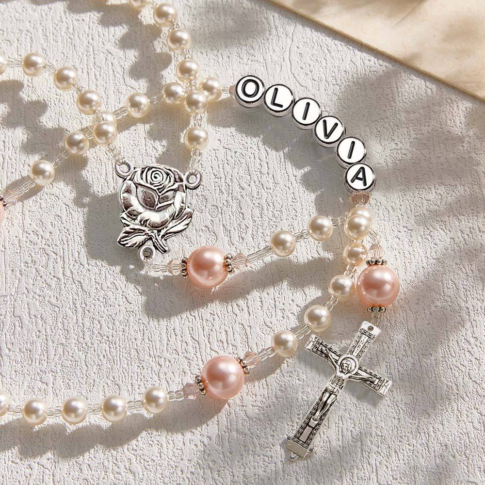 Personalized Rosary Beads in White and Pink - Baptism Gift, First Communion Gift, Confirmation, Baby or Little Girl Keepsake, Mother Rosary