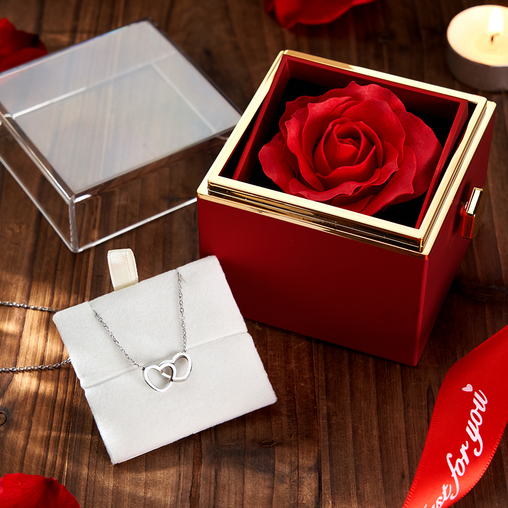 Personalized Heart Necklace with Eternal Rose Box Custom Name Necklace and Forever Rose Gift Set Heart to Heart Name Necklace