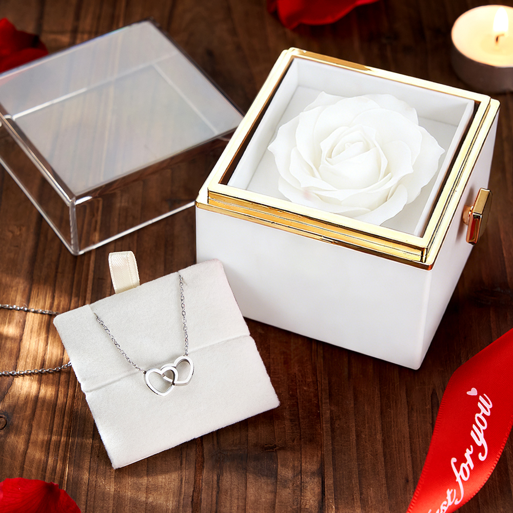 Personalized Heart Necklace with Eternal Rose Box Custom Name Necklace and Forever Rose Gift Set Heart to Heart Name Necklace