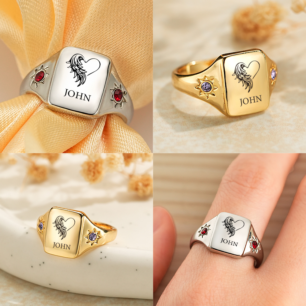 Custom Memorial Birthstone Ring with Angel Wings Personalized Winged Keepsake Ring with Birthstone  Memorial Jewelry