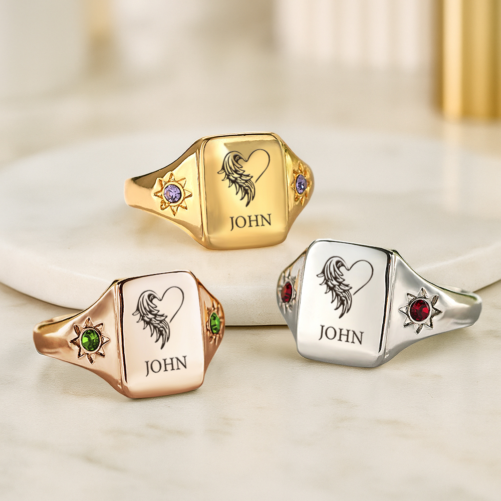 Custom Memorial Birthstone Ring with Angel Wings Personalized Winged Keepsake Ring with Birthstone  Memorial Jewelry