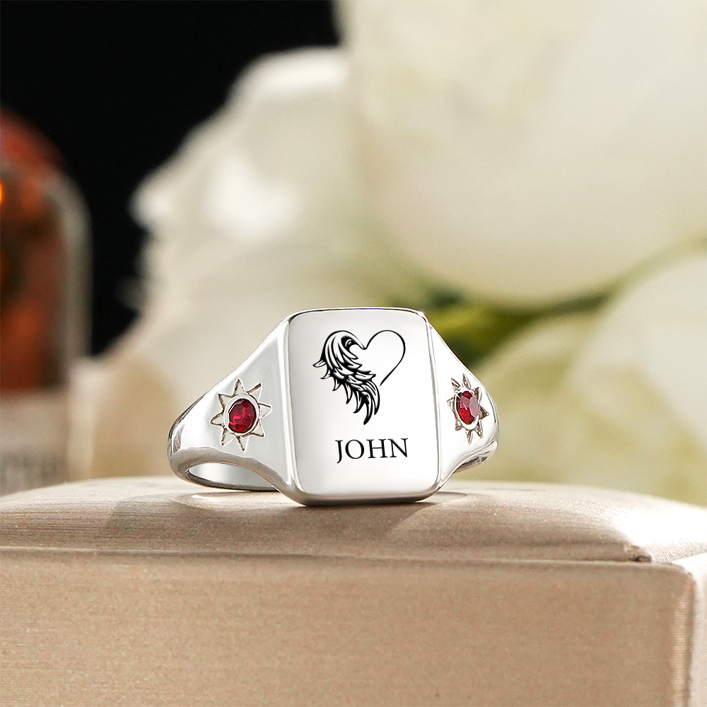 Custom Memorial Birthstone Ring with Angel Wings Personalized Winged Keepsake Ring with Birthstone Memorial Jewelry