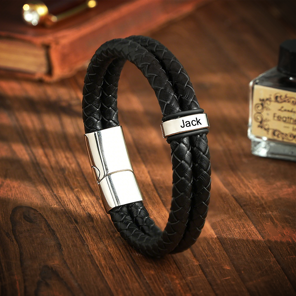 Personalized Engraved Leather Bracelet Custom Bead Braided Leather Bracelet