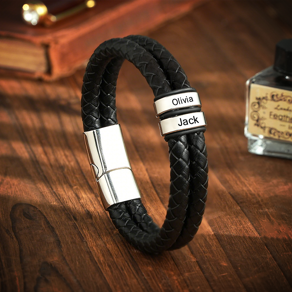Personalized Engraved Leather Bracelet Custom Bead Braided Leather Bracelet