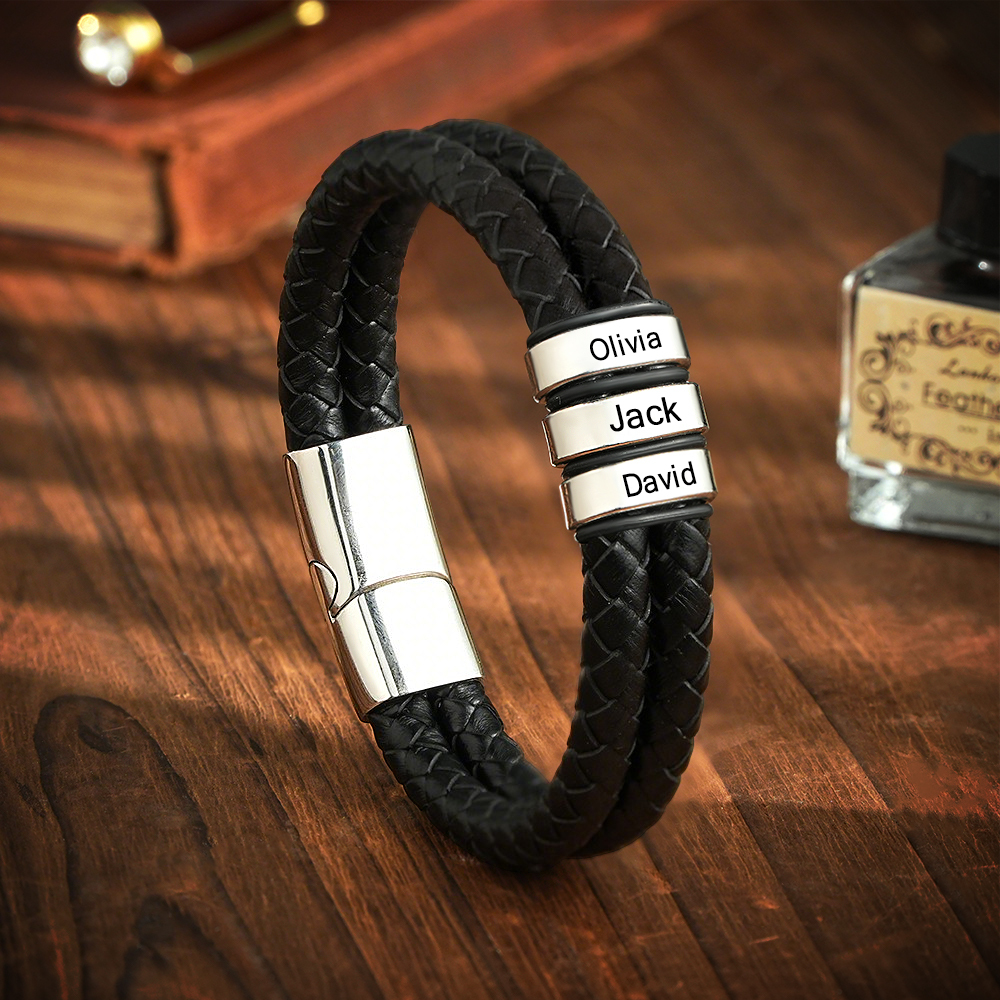 Personalized Engraved Leather Bracelet Custom Bead Braided Leather Bracelet